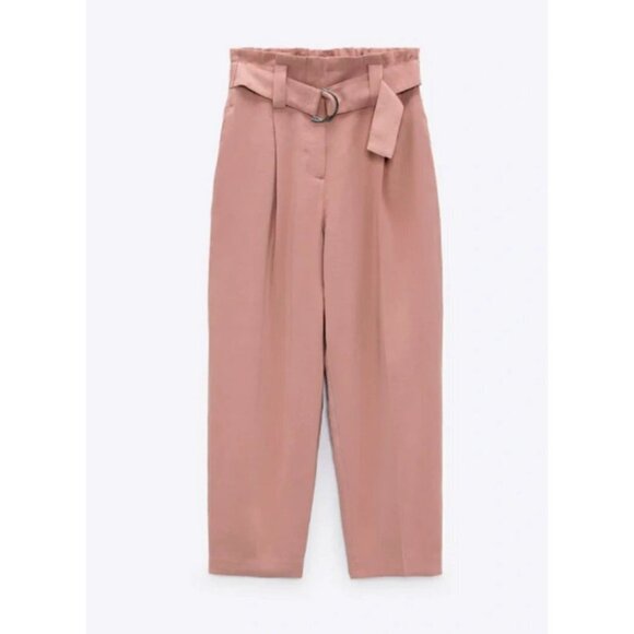 NWOT Zara pink paperbag elastic high waist belted crop trouser pants, S - Picture 4 of 9